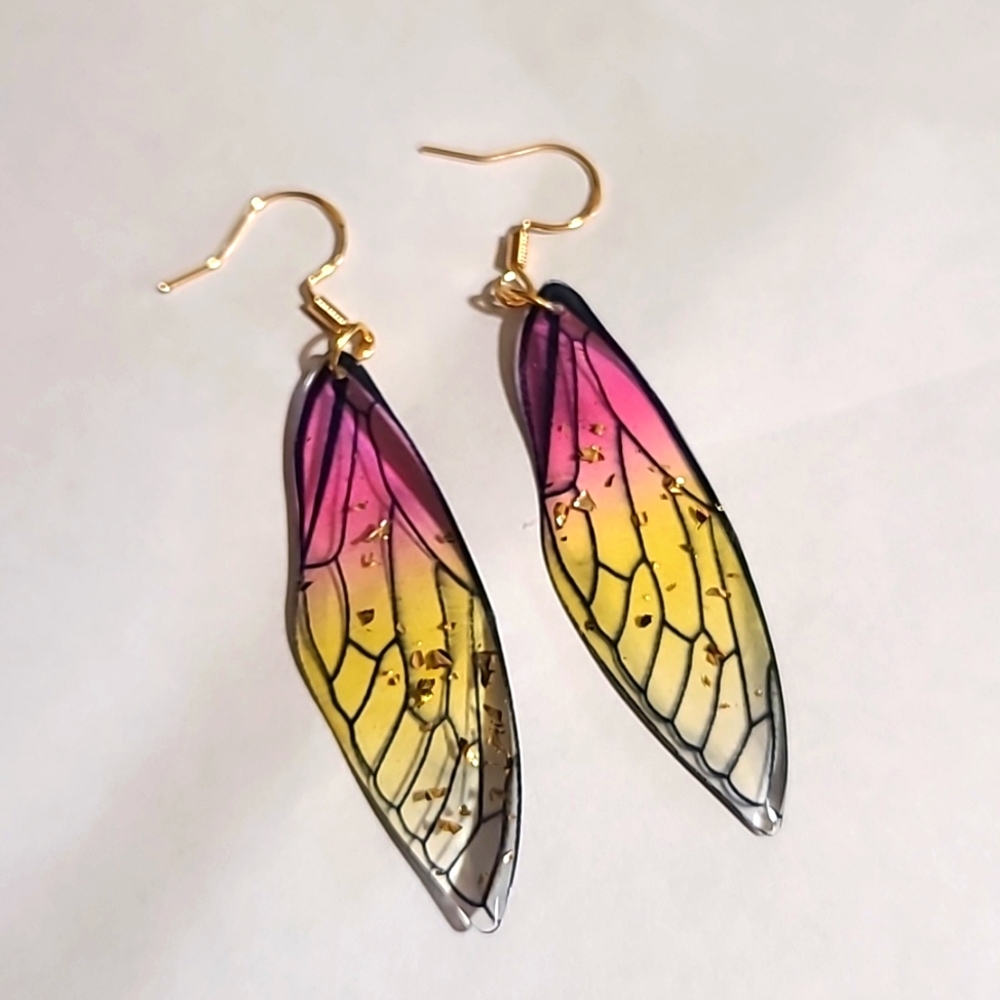 Hand Crafted Pink and Yellow Dragonfly Wing Earrings
